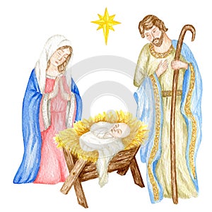 Christmas nativity scene with the Holy Family watercolor illustration, Madonna, child Jesus, Saint Joseph. Saint Virgin