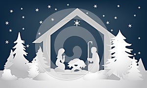 Christmas nativity scene with holy family winter night. Vector ornament