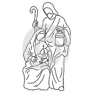 Christmas nativity scene of Joseph with cane and Mary holding baby Jesus vector illustration sketch doodle hand drawn with black