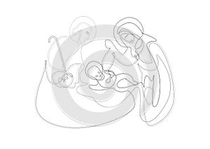 Christmas nativity scene of Joseph and Mary holding baby Jesus, hand drawn sketch, one line drawing. Vector isolated on white