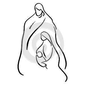 Christmas nativity scene of Joseph and Mary holding baby Jesus vector illustration sketch doodle hand drawn with black lines