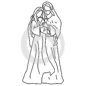 Christmas nativity scene of Joseph and Mary holding baby Jesus vector illustration sketch doodle hand drawn isolated on white