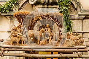 Christmas Nativity scene made of straw, Prague, Czech Republic
