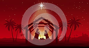 Christmas Nativity Scene on red background. Greeting card illustration.