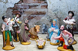 Christmas nativity scene. Sacred figures in an Italian Presepe