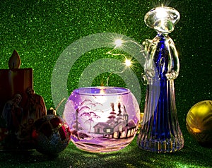 Christmas Nativity Scene with Saint Glass and Lights
