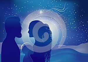 Christmas nativity scene. Silhouette profiles with Joseph - Mary - baby Jesus and star comet on blue background