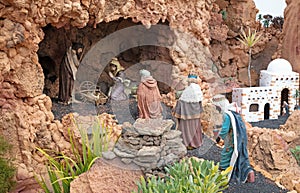 Christmas nativity scene in a stable with baby Jesus in a manger, Mary and Joseph