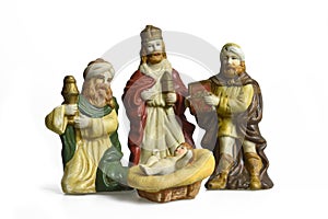 Christmas nativity scene with three kings and baby Jesus isolated on white