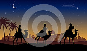 Christmas Nativity Scene: Three Wise Men go to Bethlehem in the desert at night.