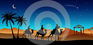Christmas Nativity Scene: Three Wise Men go to the manger in the desert.