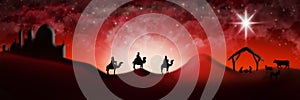 Christmas Nativity Scene Of Three Wise Men Magi Going To Meet Ba