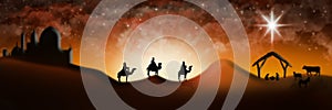 Christmas Nativity Scene Of Three Wise Men Magi Going To Meet Ba