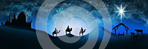 Christmas Nativity Scene Of Three Wise Men Magi Going To Meet Ba