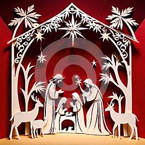 Christmas nativity scene, traditional design made of paper, papercut crafted handmade decoration children illustration