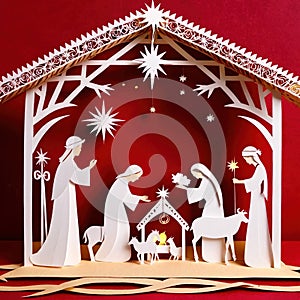 Christmas nativity scene, traditional design made of paper, papercut crafted handmade decoration children illustration