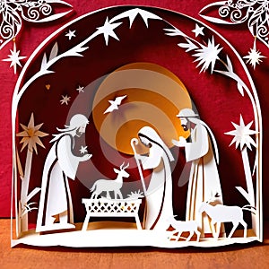 Christmas nativity scene, traditional design made of paper, papercut crafted handmade decoration children illustration