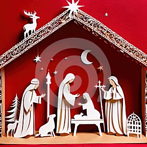 Christmas nativity scene, traditional design made of paper, papercut crafted handmade decoration children illustration