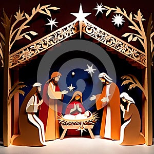 Christmas nativity scene, traditional design made of paper, papercut crafted handmade decoration children illustration