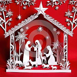 Christmas nativity scene, traditional design made of paper, papercut crafted handmade decoration children illustration