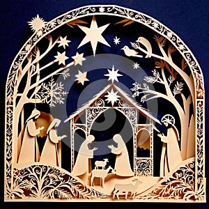 Christmas nativity scene, traditional design made of paper, papercut crafted handmade decoration children illustration