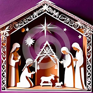 Christmas nativity scene, traditional design made of paper, papercut crafted handmade decoration children illustration