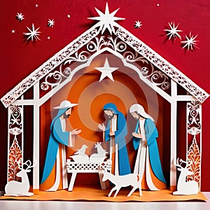 Christmas nativity scene, traditional design made of paper, papercut crafted handmade decoration children illustration