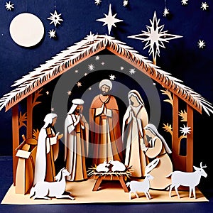 Christmas nativity scene, traditional design made of paper, papercut crafted handmade decoration children illustration