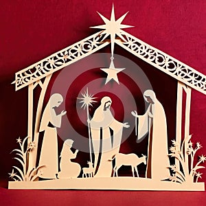 Christmas nativity scene, traditional design made of paper, papercut crafted handmade decoration children illustration