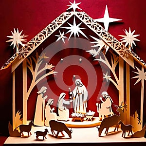 Christmas nativity scene, traditional design made of paper, papercut crafted handmade decoration children illustration