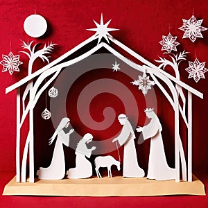 Christmas nativity scene, traditional design made of paper, papercut crafted handmade decoration children illustration