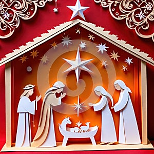 Christmas nativity scene, traditional design made of paper, papercut crafted handmade decoration children illustration