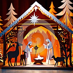 Christmas nativity scene, traditional design made of paper, papercut crafted handmade decoration children illustration