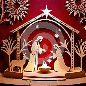 Christmas nativity scene, traditional design made of paper, papercut crafted handmade decoration children illustration