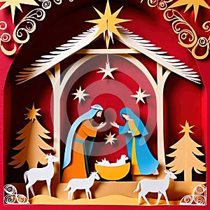 Christmas nativity scene, traditional design made of paper, papercut crafted handmade decoration children illustration