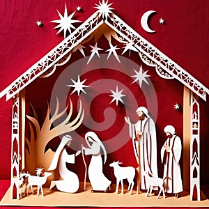 Christmas nativity scene, traditional design made of paper, papercut crafted handmade decoration children illustration