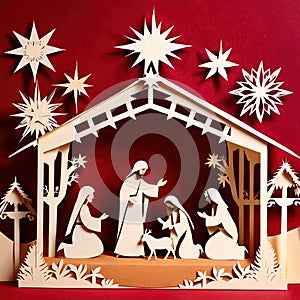 Christmas nativity scene, traditional design made of paper, papercut crafted handmade decoration children illustration