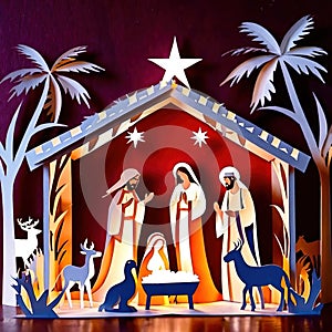 Christmas nativity scene, traditional design made of paper, papercut crafted handmade decoration children illustration