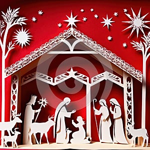 Christmas nativity scene, traditional design made of paper, papercut crafted handmade decoration children illustration