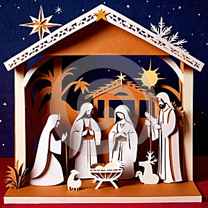 Christmas nativity scene, traditional design made of paper, papercut crafted handmade decoration children illustration