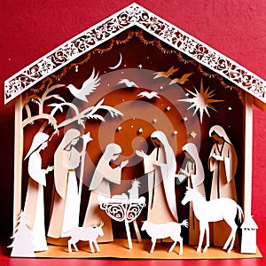 Christmas nativity scene, traditional design made of paper, papercut crafted handmade decoration children illustration