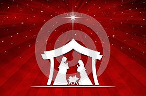 Christmas Nativity Scene white silhouette on red background