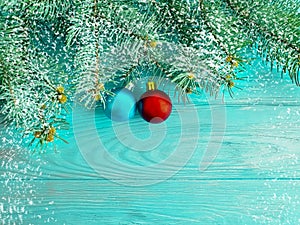 Christmas natural tree branch seasonal frost frame , border decoration wooden background, snow