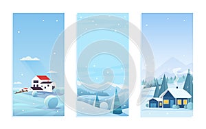 Christmas nature winter landscape set with village houses