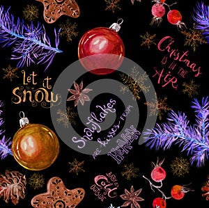 Christmas neon glowing seamless pattern with hand written quotes. New Year lettering about snow and holidays. Fir