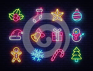 Christmas neon icons set. Happy Christmas collection light signs. Sign boards, light banner. Xmas Neon isolated icons