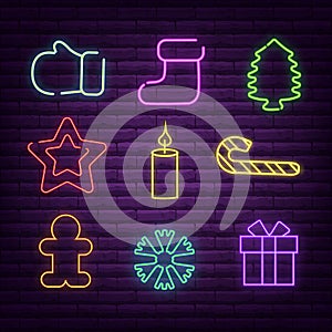 Christmas neon signs vector illustration for winter holidays.
