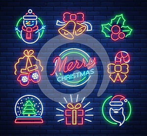 Christmas neon signs. Vector illustration on winter holidays. Neon luminous symbols for New Year and Christmas projects