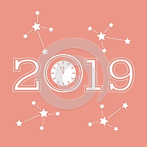 Christmas and New Year 2019 card. Vector new year background with clock and stars. Design for postcard, banner, print