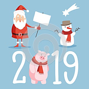 Christmas and New Year 2019 cute icons set. Santa with board sign, snowman and pig isolated vector illustrations. Flat